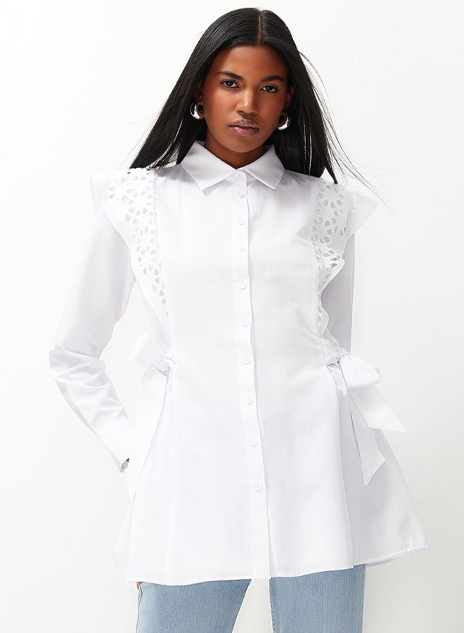 trendyol White Embroidered Cotton Woven Shirt - Image 1