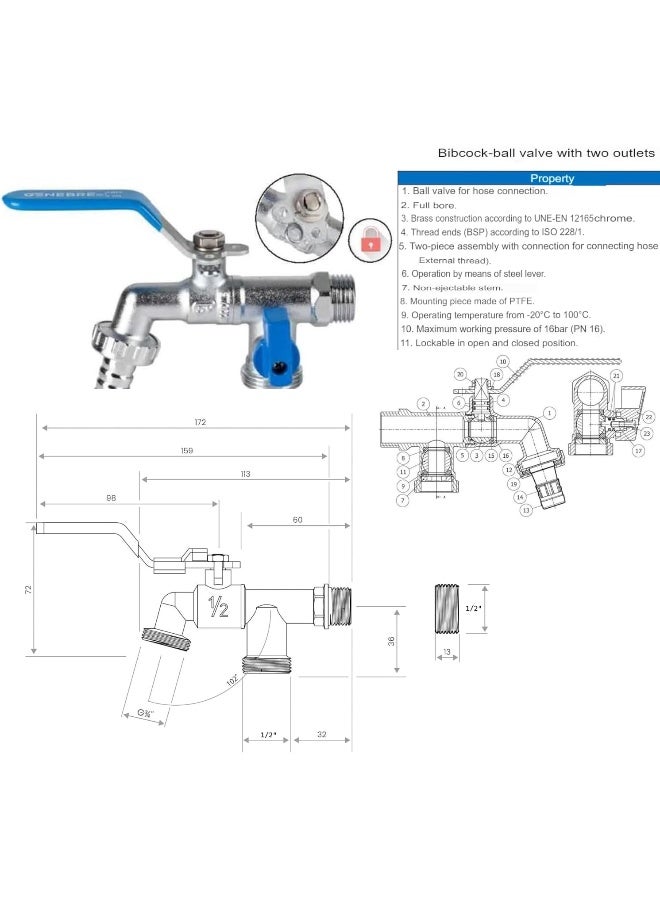 Biella 1/2" Double Valve Outlet Bsp Thread Anti-Rust Brass Water Tank Hose Tape Connector Garden Faucet For Home Washing Machine - Image 3