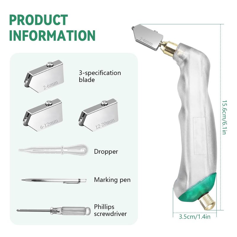 Serplex ® 6 قطع قاطع زجاج بمقبض مسدس (2 مم - 20 مم)، أداة قطع زجاج بتصميم مريح من كربيد التنجستن مع خزان زيت مدمج لقطع زجاج البلاط والمرآة والموزاييك والنوافذ - متعدد الألوان - Image 2