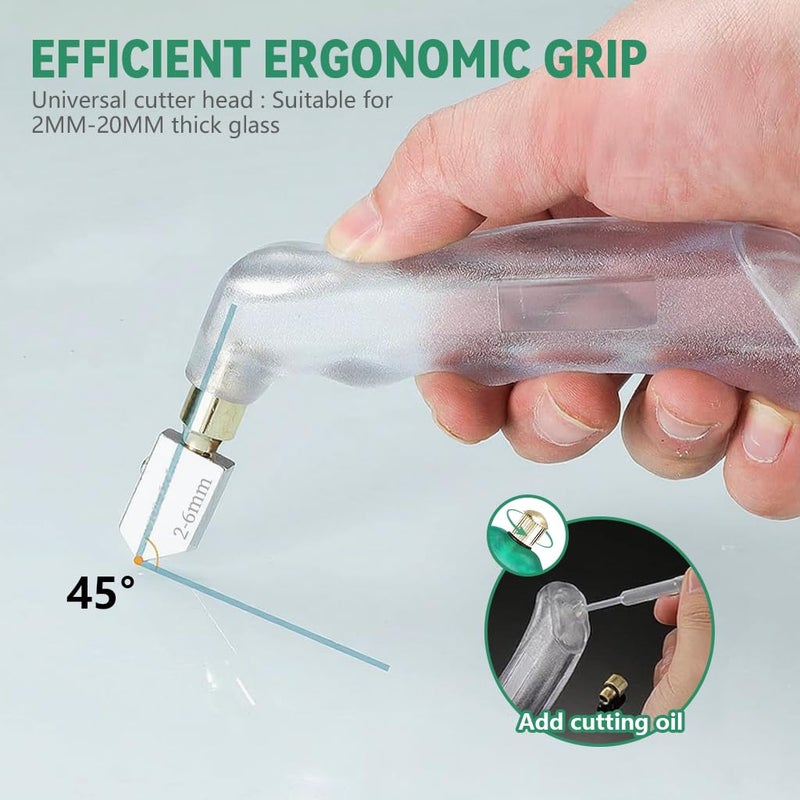 Serplex ® 6 قطع قاطع زجاج بمقبض مسدس (2 مم - 20 مم)، أداة قطع زجاج بتصميم مريح من كربيد التنجستن مع خزان زيت مدمج لقطع زجاج البلاط والمرآة والموزاييك والنوافذ - متعدد الألوان - Image 5