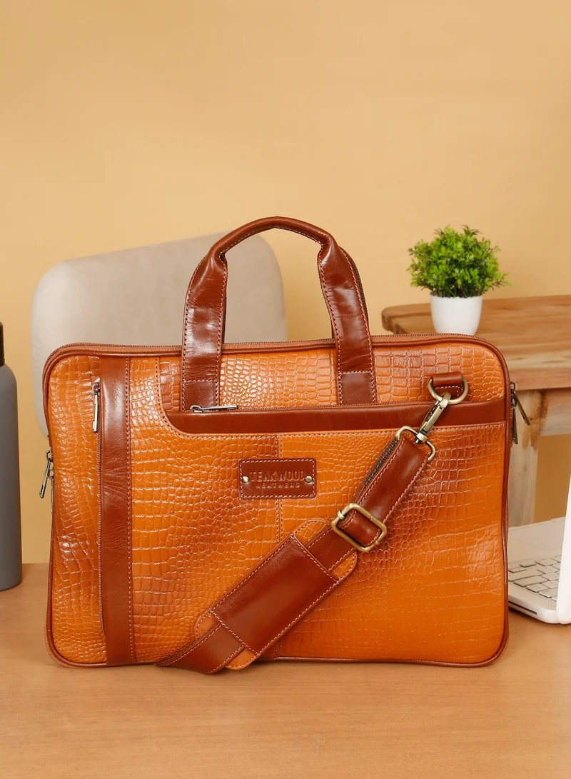 تيك وود حقيبة لابتوب جلد طبيعي لون بني بطبعة تمساح