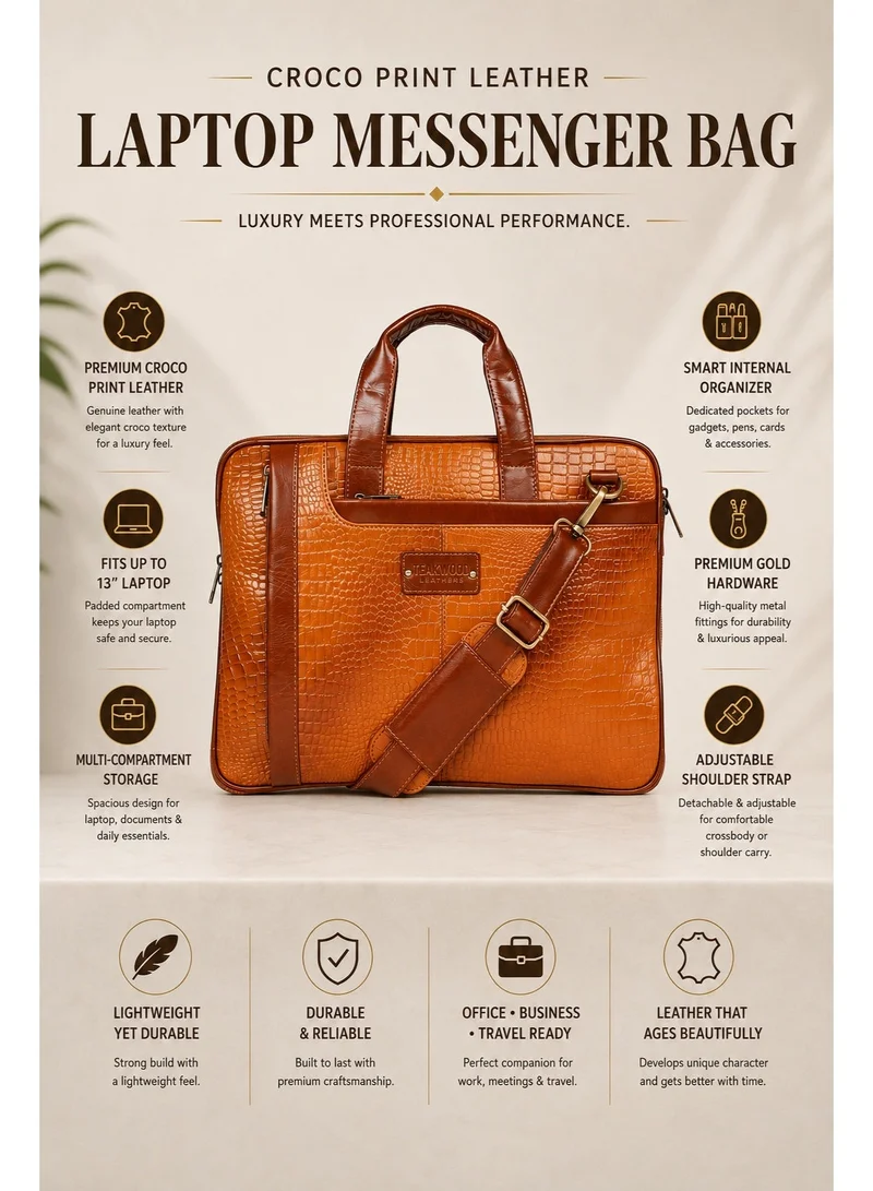 TEAKWOOD Teakwood Genuine Leather Croco Print Laptop Messenger Bag for Men | Fits up to 13” Laptop | Tan Luxury Business Briefcase | Multi-Compartment | Shoulder Strap | Durable Premium Office & Travel Bag
