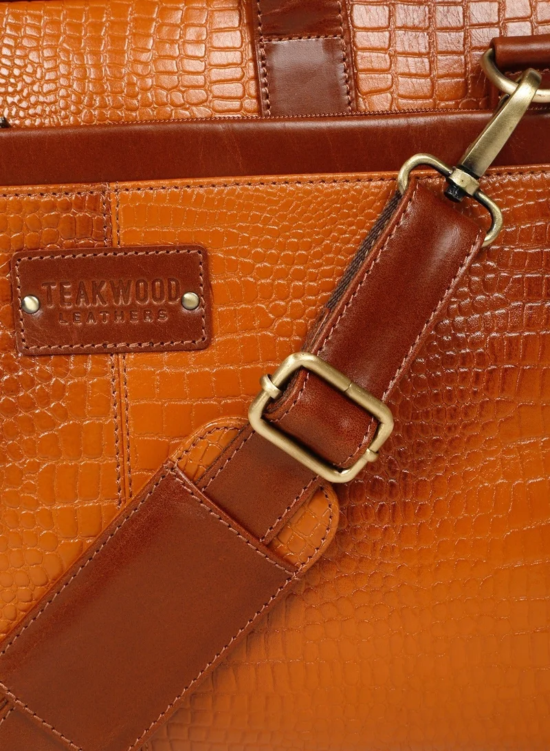 Teakwood  Teakwood Genuine Leather Croco Print Laptop Unisex Messenger Bag  | Fits up to 13” Laptop | Tan Luxury Business Briefcase | Multi-Compartment | Shoulder Strap | Durable Premium Office & Travel Bag for Men | Best Price UAE