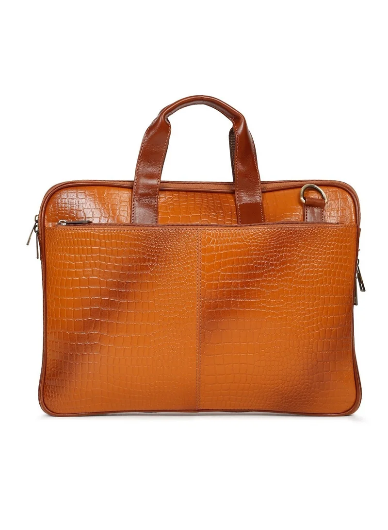 Teakwood  Teakwood Genuine Leather Croco Print Laptop Unisex Messenger Bag  | Fits up to 13” Laptop | Tan Luxury Business Briefcase | Multi-Compartment | Shoulder Strap | Durable Premium Office & Travel Bag for Men | Best Price UAE