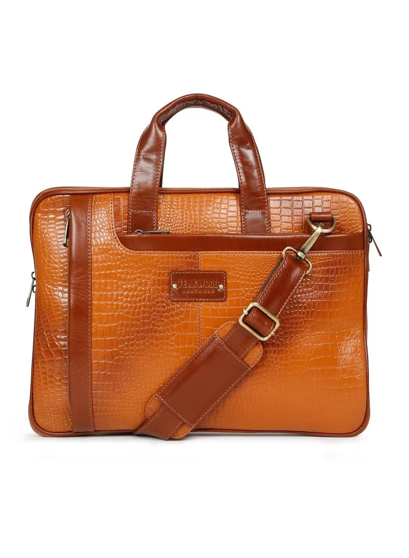 Teakwood  Teakwood Genuine Leather Croco Print Laptop Unisex Messenger Bag  | Fits up to 13” Laptop | Tan Luxury Business Briefcase | Multi-Compartment | Shoulder Strap | Durable Premium Office & Travel Bag for Men | Best Price UAE