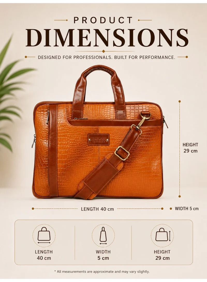 Teakwood  Teakwood Genuine Leather Croco Print Laptop Unisex Messenger Bag  | Fits up to 13” Laptop | Tan Luxury Business Briefcase | Multi-Compartment | Shoulder Strap | Durable Premium Office & Travel Bag for Men | Best Price UAE