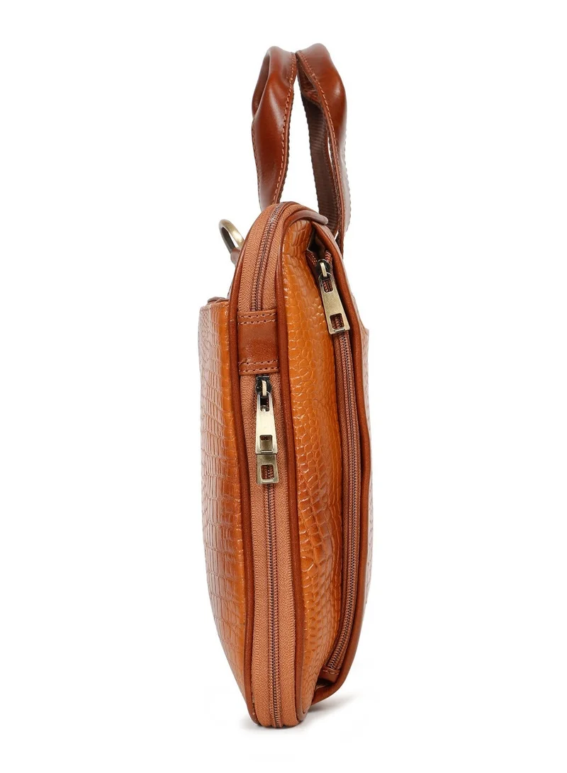 Teakwood  Teakwood Genuine Leather Croco Print Laptop Unisex Messenger Bag  | Fits up to 13” Laptop | Tan Luxury Business Briefcase | Multi-Compartment | Shoulder Strap | Durable Premium Office & Travel Bag for Men | Best Price UAE
