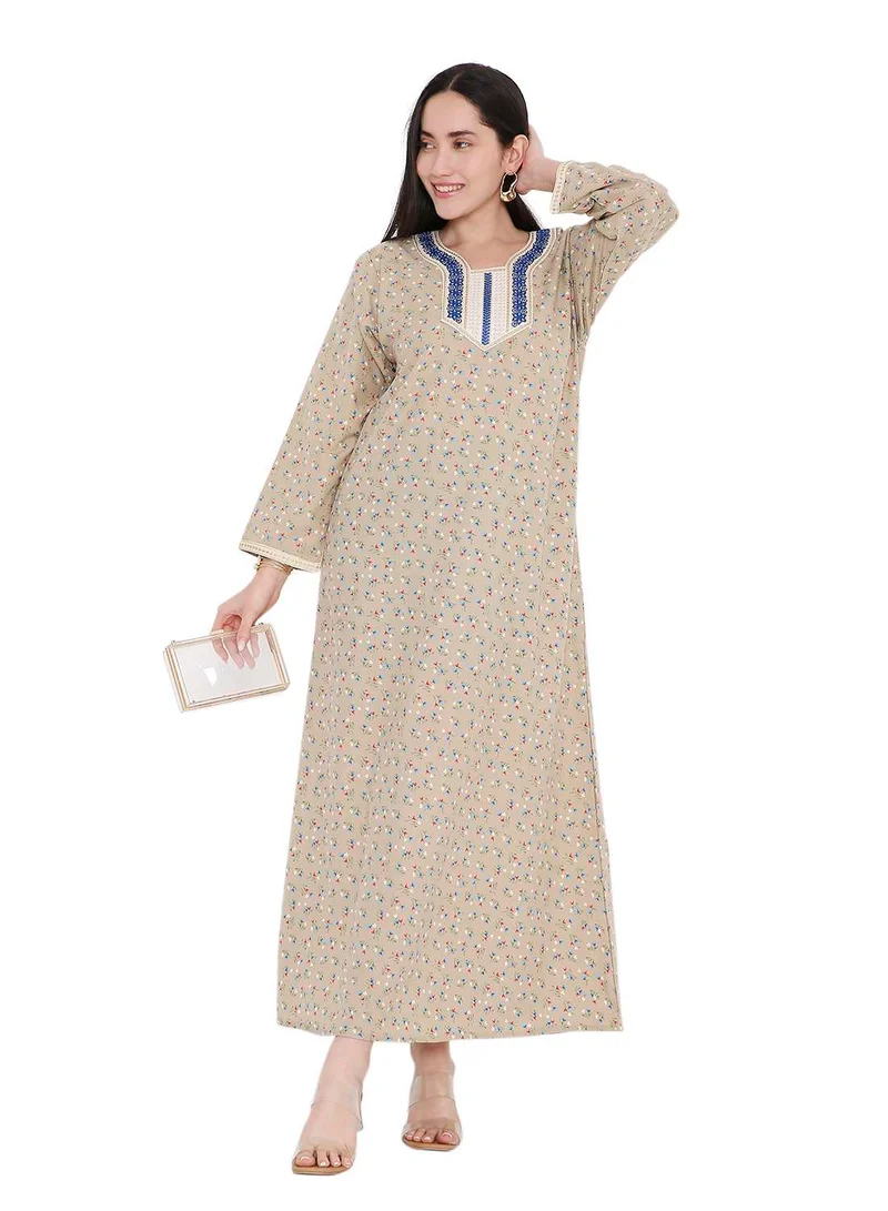 HANA & SARA CASUAL ARABIC FARASHA KAFTAN JALABIYA DRESS WITH A TINY FLOWER PRINT AND A UNIQUE THREAD EMBROIDERY ON THE NECK