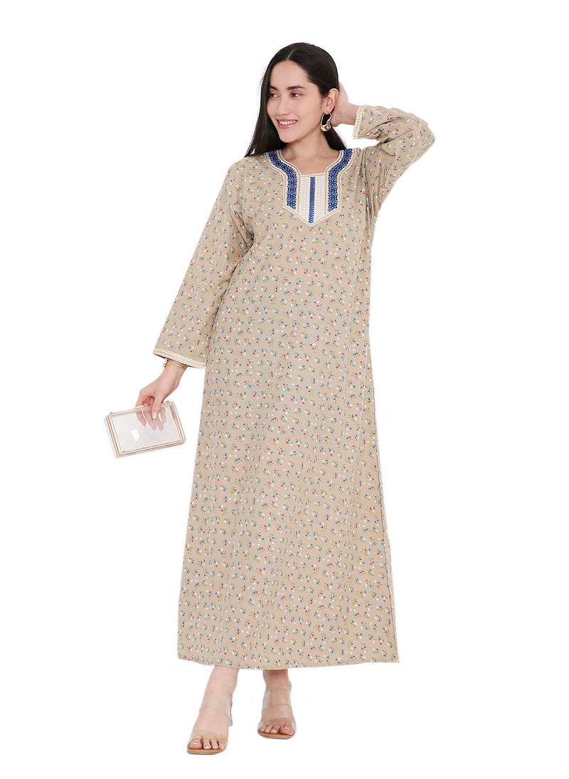 HANA & SARA CASUAL ARABIC FARASHA KAFTAN JALABIYA DRESS WITH A TINY FLOWER PRINT AND A UNIQUE THREAD EMBROIDERY ON THE NECK  - Image 5