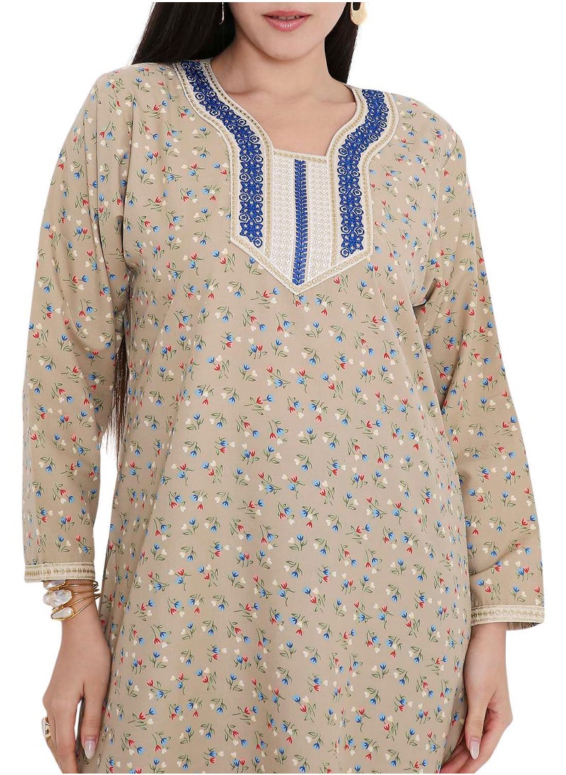 HANA & SARA CASUAL ARABIC FARASHA KAFTAN JALABIYA DRESS WITH A TINY FLOWER PRINT AND A UNIQUE THREAD EMBROIDERY ON THE NECK  - Image 3