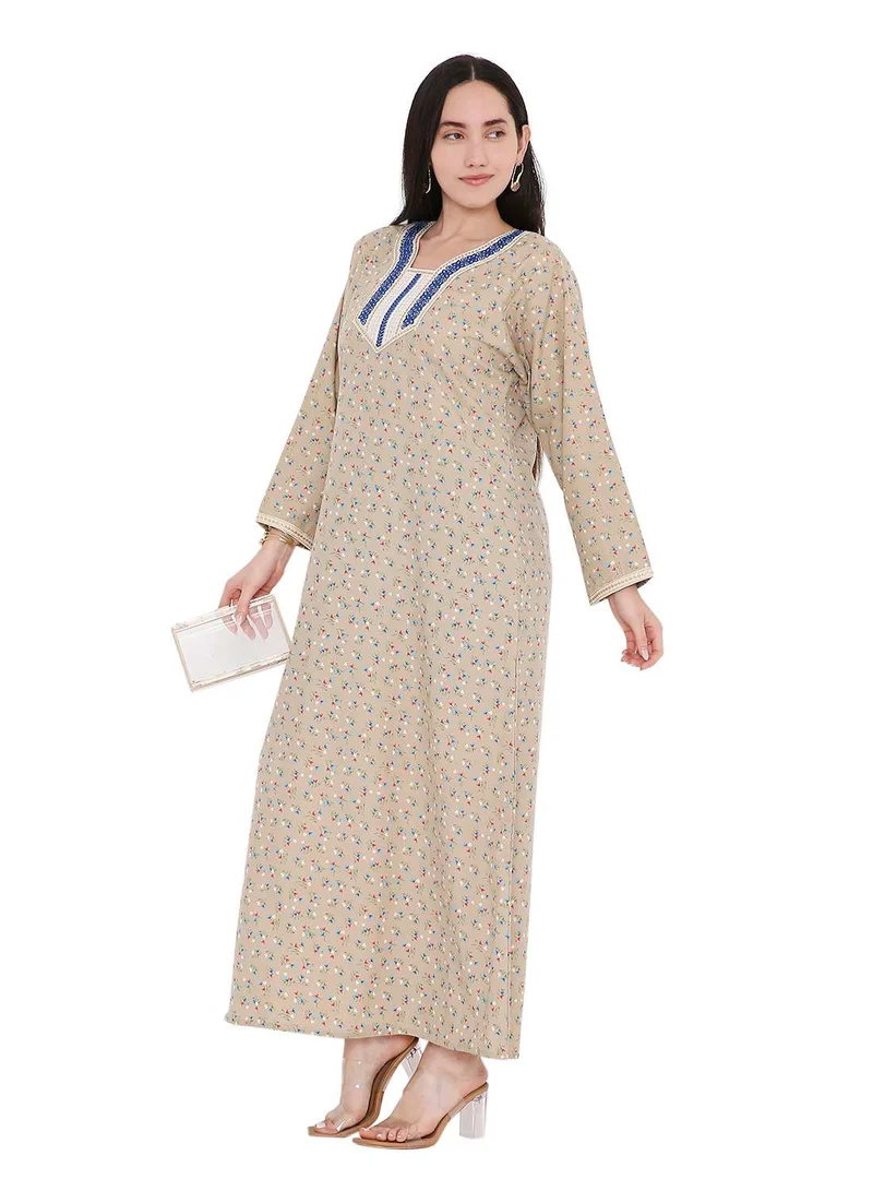 HANA & SARA CASUAL ARABIC FARASHA KAFTAN JALABIYA DRESS WITH A TINY FLOWER PRINT AND A UNIQUE THREAD EMBROIDERY ON THE NECK