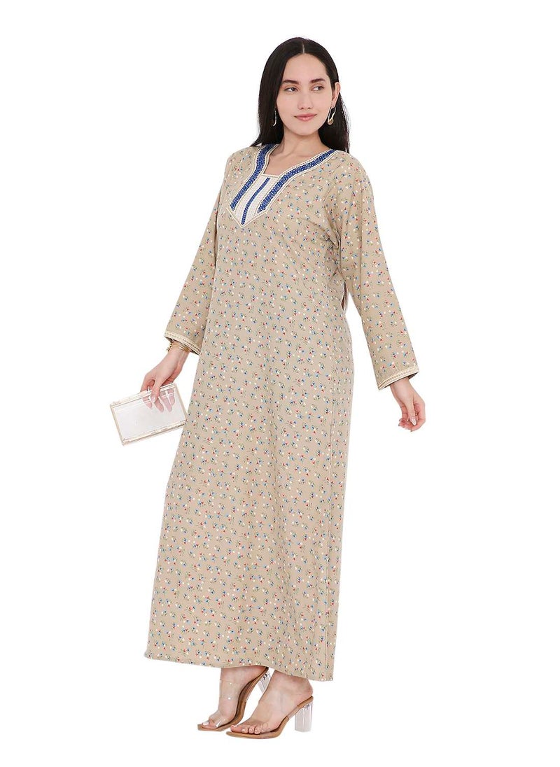 HANA & SARA CASUAL ARABIC FARASHA KAFTAN JALABIYA DRESS WITH A TINY FLOWER PRINT AND A UNIQUE THREAD EMBROIDERY ON THE NECK  - Image 4