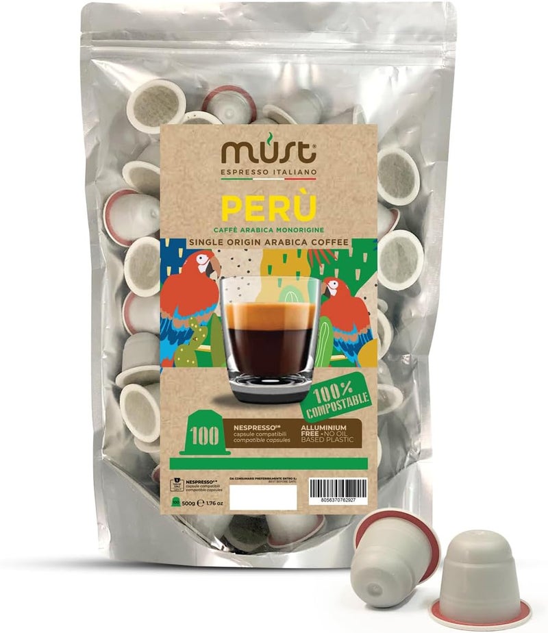 MUST 100 Coffee Capsules PERU Blend Single Origin, Compostable Capsules Compatible with Nespresso Machine, Recyclable - Home Compost, Made in Italy
