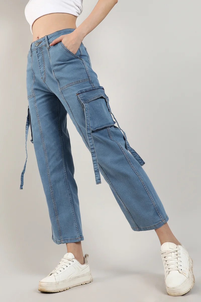 Campus Sutra Women's Prussian Blue Straight Fit Cargo Denim Jeans