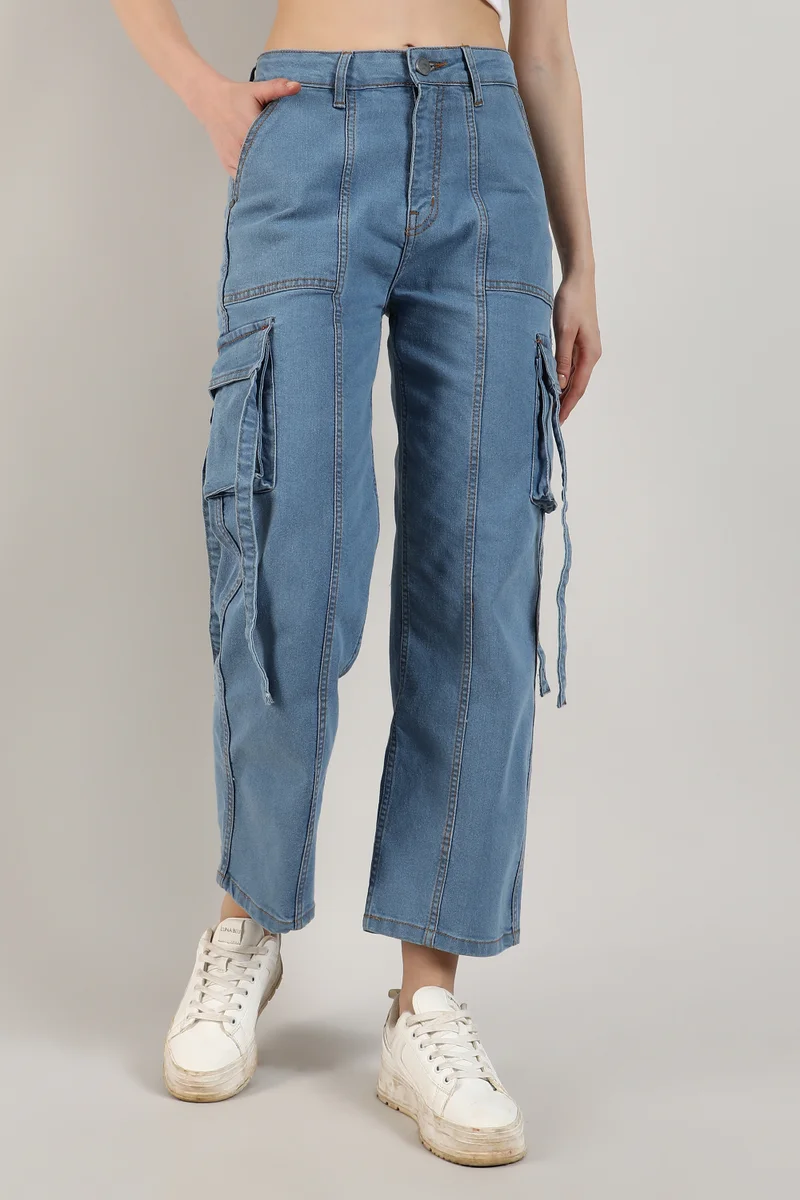 Campus Sutra Women's Prussian Blue Straight Fit Cargo Denim Jeans