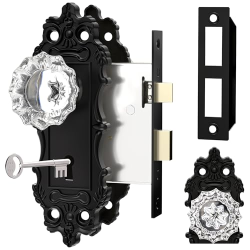 CEYMIO Antique Door Knobs Interior Mortise Lock Matte Black Door Knobs Crystal Glass Door Handle Skeleton Key Door Locks for Bedrooms Bathroom - Image 1