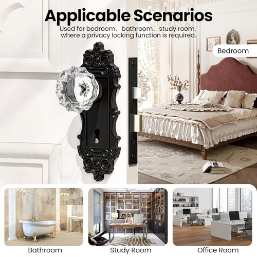 CEYMIO Antique Door Knobs Interior Mortise Lock Matte Black Door Knobs Crystal Glass Door Handle Skeleton Key Door Locks for Bedrooms Bathroom - Image 3