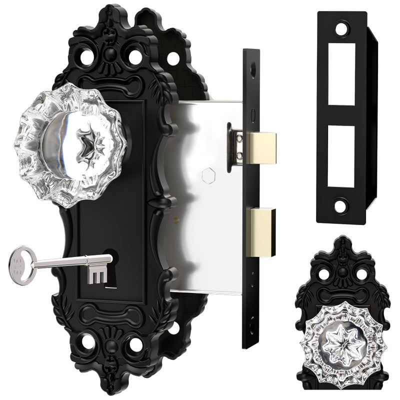 CEYMIO Antique Door Knobs Interior Mortise Lock Matte Black Door Knobs Crystal Glass Door Handle Skeleton Key Door Locks for Bedrooms Bathroom - Image 2