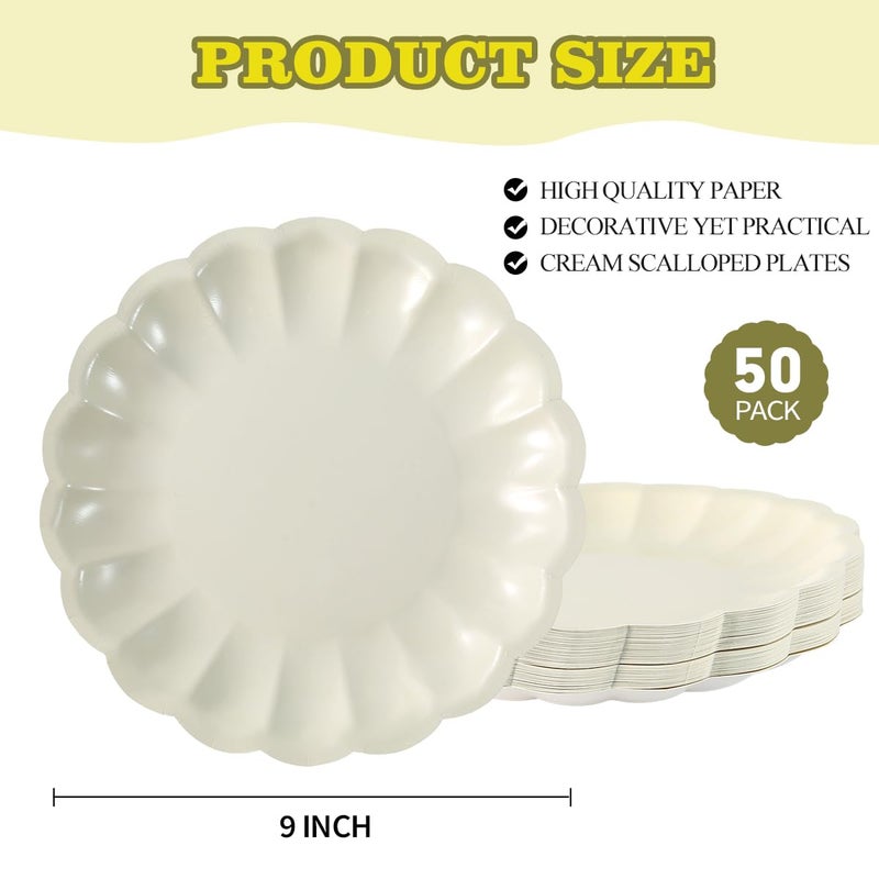BHHQHH 50Pcs Disposable Scalloped Paper Plates Shell Edge Dinner Paper Plates for Wedding Baby Shower Birthday Party Bridal Party Supplies(9 Inch) - Image 2