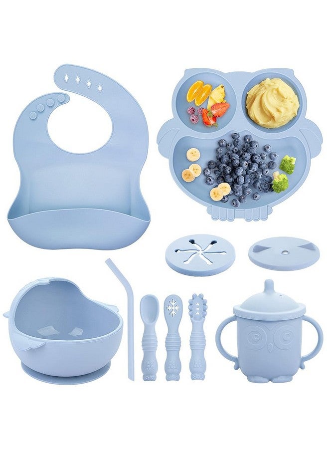 Snowie Soft ® Baby Feeding Set Of 10Pcs Food Grade Toddlers Silicone Food Plate Sipping Cup Bowl Set With Silicone Bib, Baby Cutleries, Self-Feeding Tableware Set For Toddlers, Sterilizable, Blue - Image 1