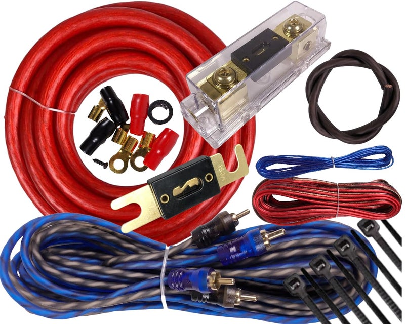 Gravity Warzone Elite Premium 1/0 Gauge Blue Complete True AWG Amplifier Installation Wiring Amp Kit Upto 6500 Watts 250A + 300A Fuse Included Flexible RCA Speaker Wires & All Installation Parts - Image 1