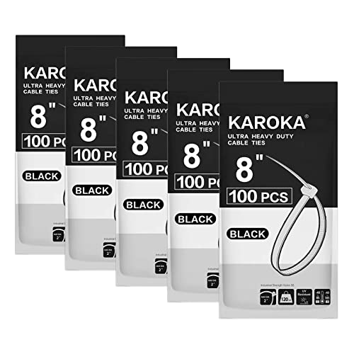 Karoka Zip Ties Heavy Duty 8 inch with 120 Pounds Tensile Strength, Black Heavy Duty Cable Ties, 500 Pack, by Karoka - Image 1