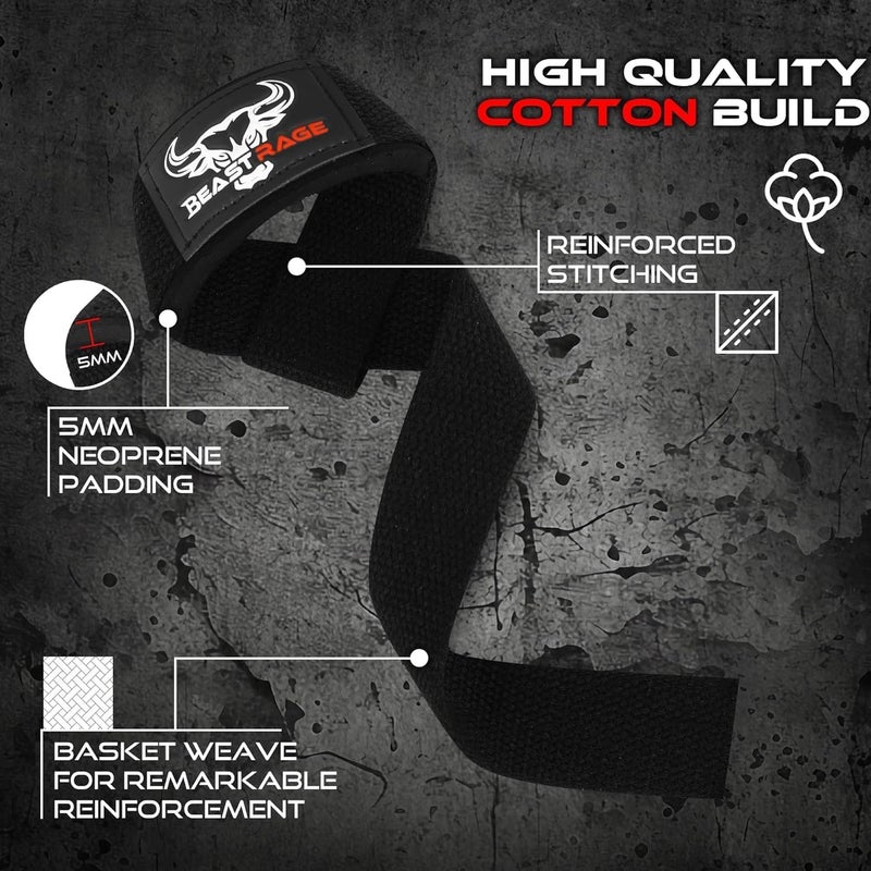 BEAST RAGE Weight Lifting Straps Fitness Padded Cotton Wrist Support Gel Advanced Grips Dumbbell Bar Wraps Heavy Duty Gym Bodybuilding Straps Power Deadlift Barbells Non Slip Exercise - Image 2