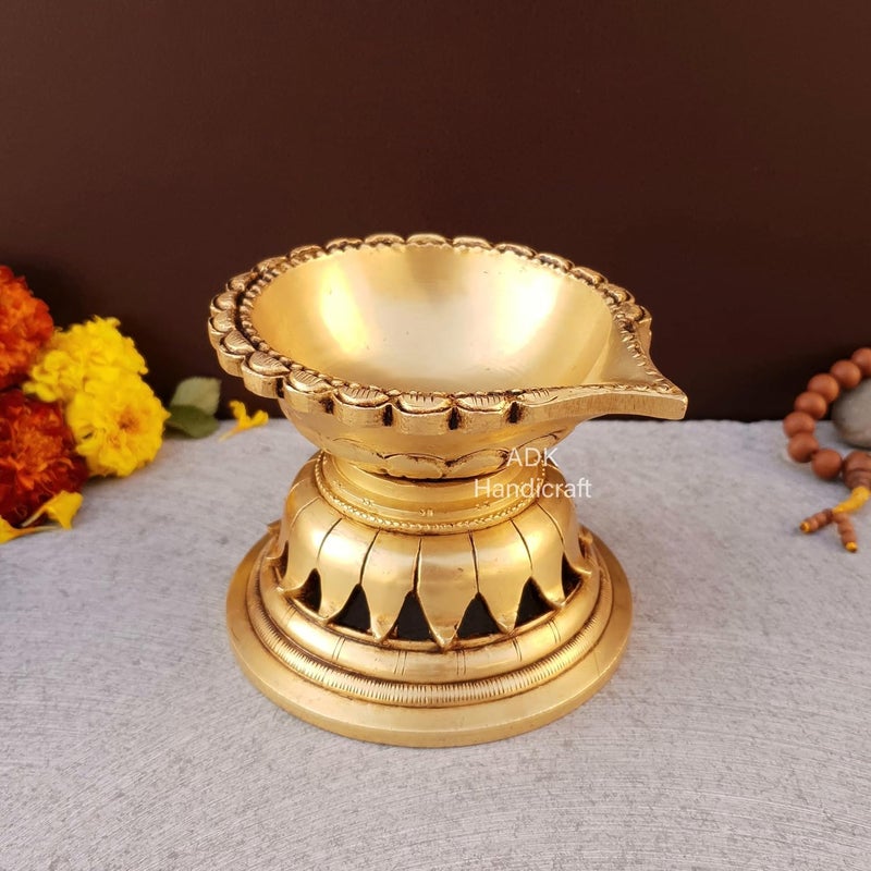 ADK Brass Lotus Design Oil Lamp Diya for Home Temple Golden Large