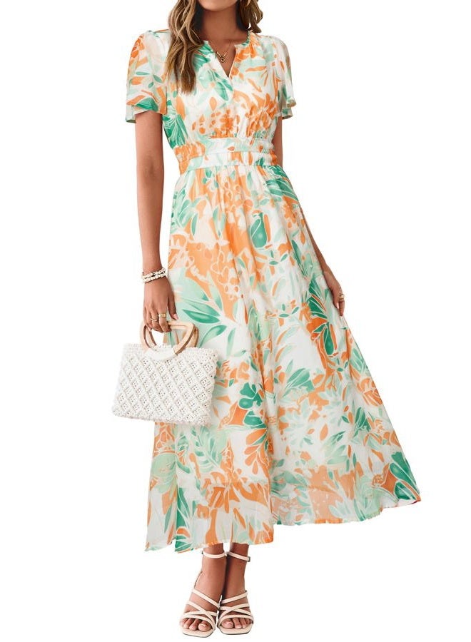 SIMPLEE Women Floral Summer Maxi Dress Boho Flowy Casual Chiffon Short Sleeves V Neck Long Wedding Guest Dresses, Green Orange Floral, XL - Image 1