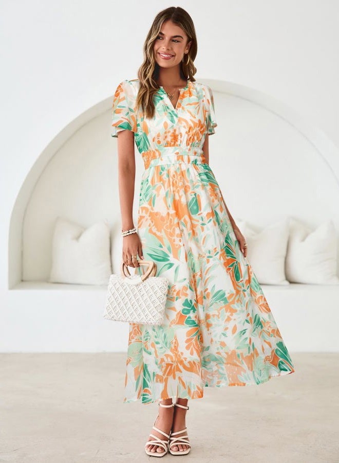 SIMPLEE Women Floral Summer Maxi Dress Boho Flowy Casual Chiffon Short Sleeves V Neck Long Wedding Guest Dresses, Green Orange Floral, XL - Image 3