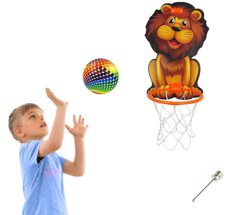 Sarvda Lion Theme Basketball For Kids Game Play Set With Adjustable Wall Mounted Hanging Board & Hoop, Intellectual Games For Kids, Basketball Net For Home, Indoor & Outdoor, Multicolor - Image 1