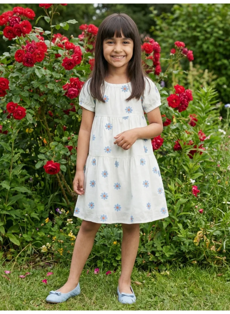 جلو باص Globus Girls White Floral Tiered Puff Sleeves Fit and Flare Mini Dress