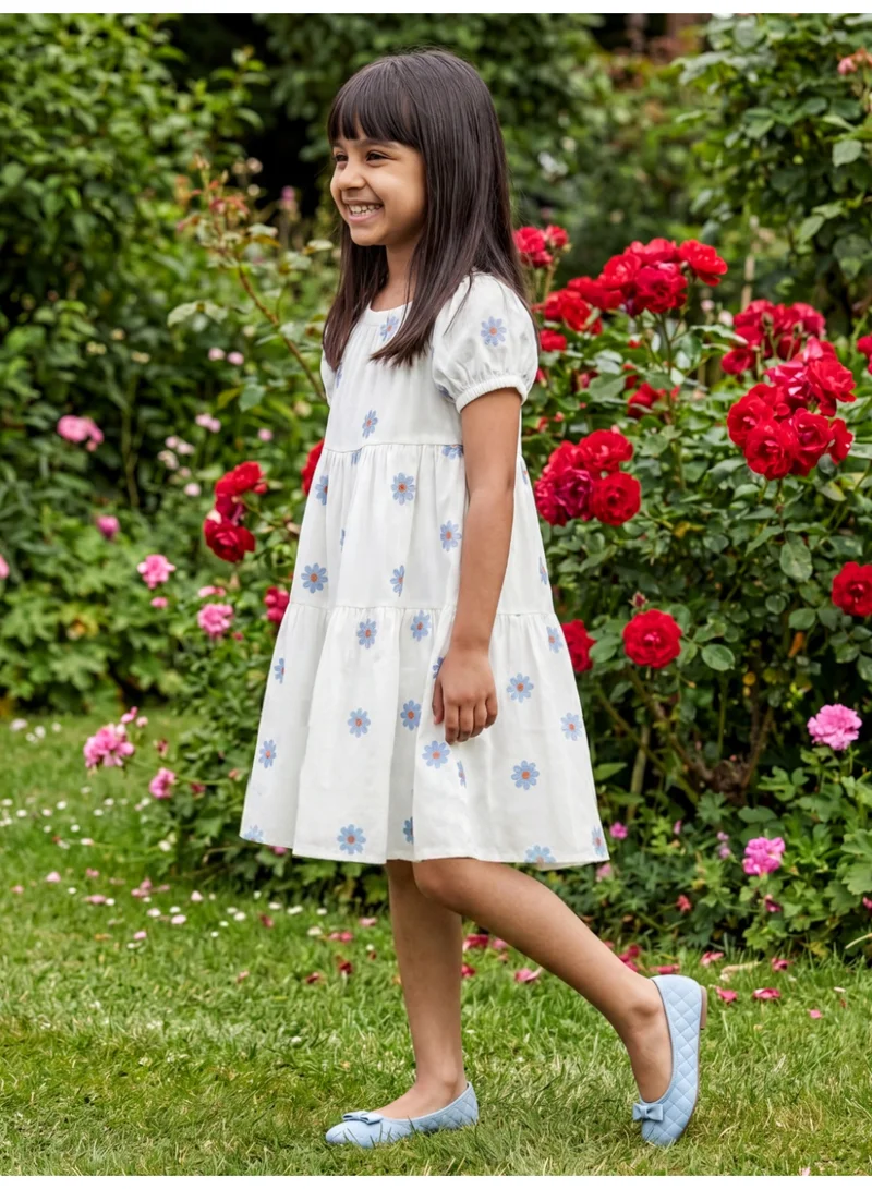 جلو باص Globus Girls White Floral Tiered Puff Sleeves Fit and Flare Mini Dress