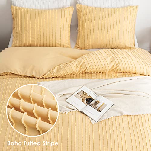 WARMDERN Yellow Boho Duvet Cover Set Queen Size, Striped Textured Duvet Cover Tufted Bedding Set, 3 Pcs Ultra Soft Washed Microfiber Duvet Cover with Zipper Closure (Queen, Yellow) - Image 2