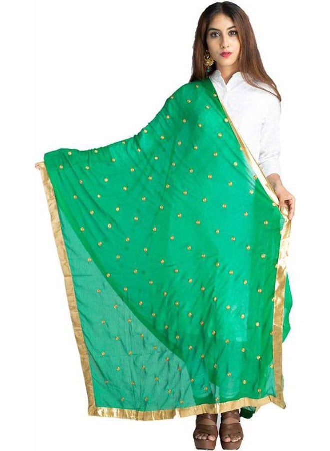 themilestocks Woman's Embroidered Chiffon Dupatta Scarf Shawl Wrap Soft Indian Bridal Wedding - Off White, Green 2, 90 Inches X 32 Inches || 228 cm X 81cm - Image 2
