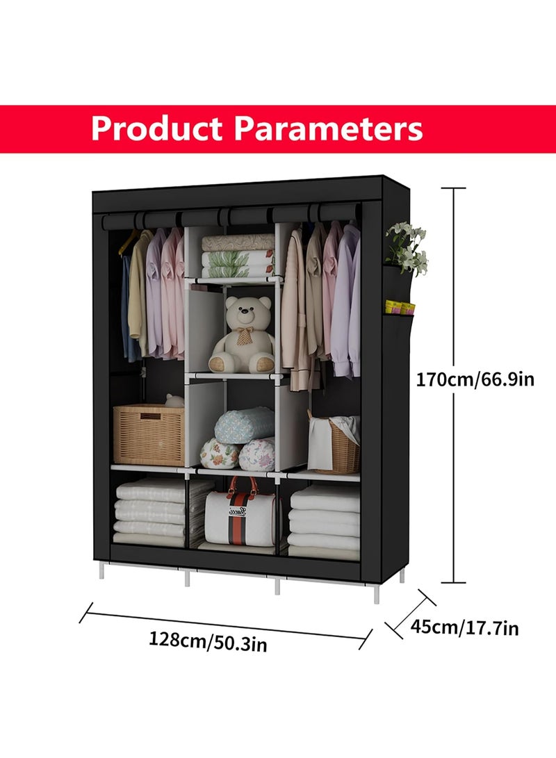 تراسل Portable Wardrobe Closet Clothes Organizer Non-Woven Fabric Cover with 6 Storage Shelves, 2 Hanging Sections - Image 5