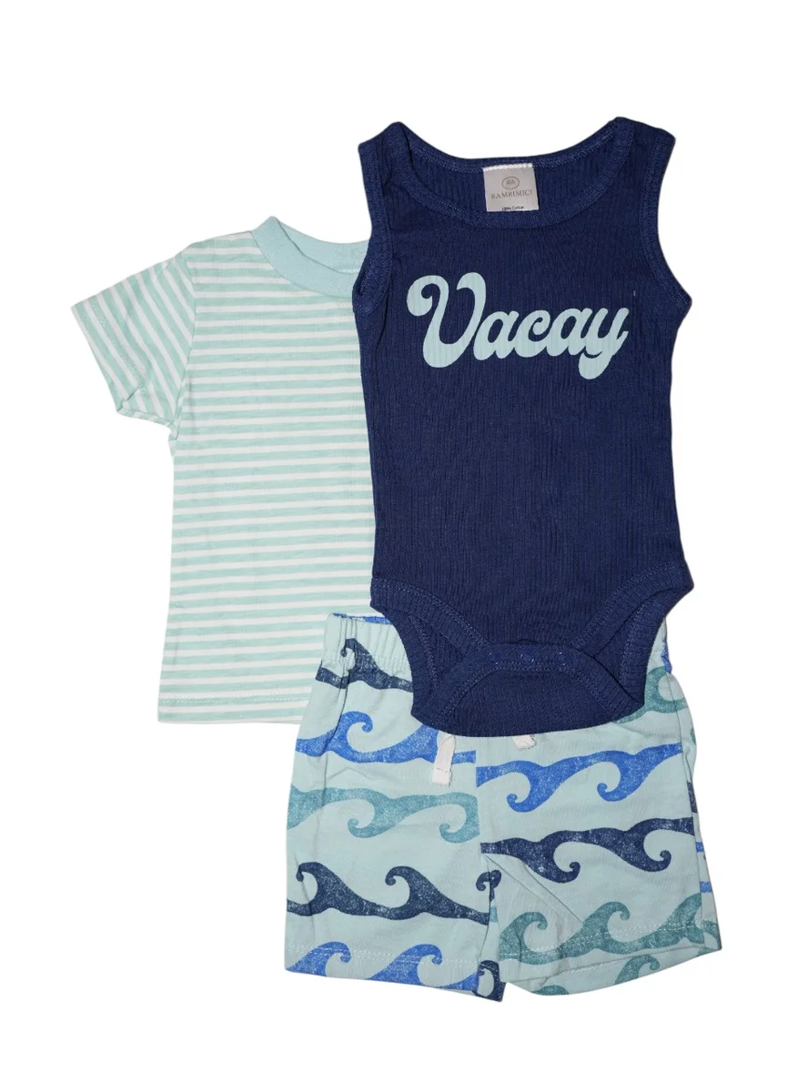 Bambimici Bambimici Blue Beach Print  Baby BodySuit Set of 3