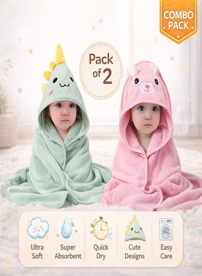 ZIKKU Ultra Soft Baby Hooded Bath Towels – Quick Dry Microfiber, Cute Animal Design, Gentle & Absorbent for Newborns and Toddlers (Set of 2) (Green | Pink) - Image 2
