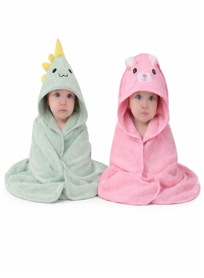ZIKKU Ultra Soft Baby Hooded Bath Towels – Quick Dry Microfiber, Cute Animal Design, Gentle & Absorbent for Newborns and Toddlers (Set of 2) (Green | Pink) - Image 1
