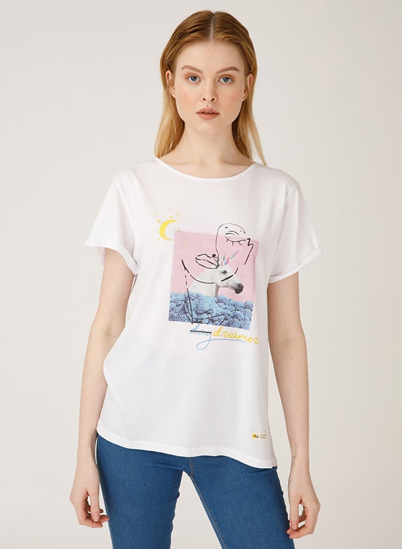 Biggdesign تي شيرت نسائي من فيسز دريمر، مادة قطنية، تي شيرت أبيض، تصميم مخصص، مقاس L - Image 1