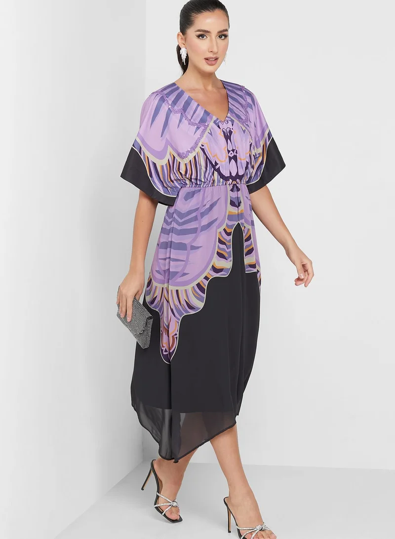 Femi9 V-Neck Printed Cape Sleeve Dress