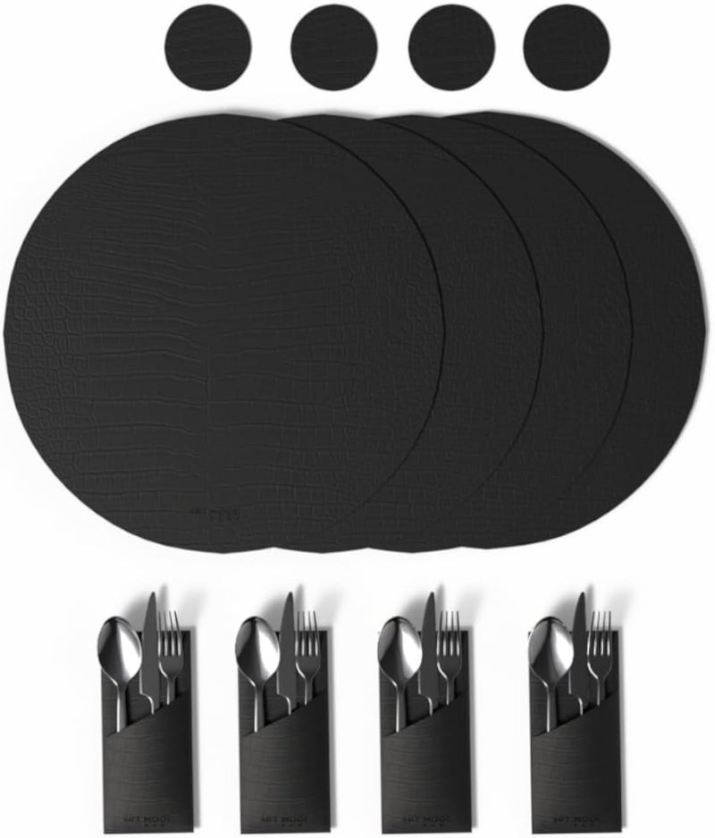 طقم مفارش طعام جلدية من آرت مود هوم مع قواعد أكواب وحوامل - حماية لطاولة الطعام من الجلد الصناعي - مقاوم للحرارة والخدوش - 4 مفارش طعام، 4 حوامل، 4 قواعد أكواب - أسود