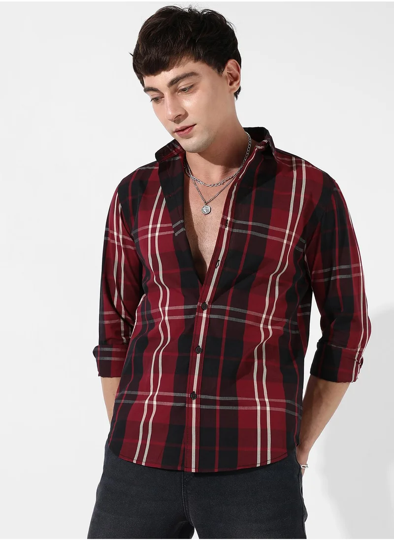 Campus Sutra Men's Plaid Red Cotton Shirt