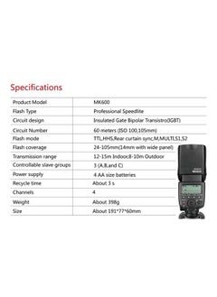 Meike MK600 High Speed Sync TTL Speedlight Camera Flash Compatible with DSLR Cameras 1300D 70D 6D 5DII 5DIII 7D 60D 550D 600D 650D 800D 4000D,etc  - Image 2
