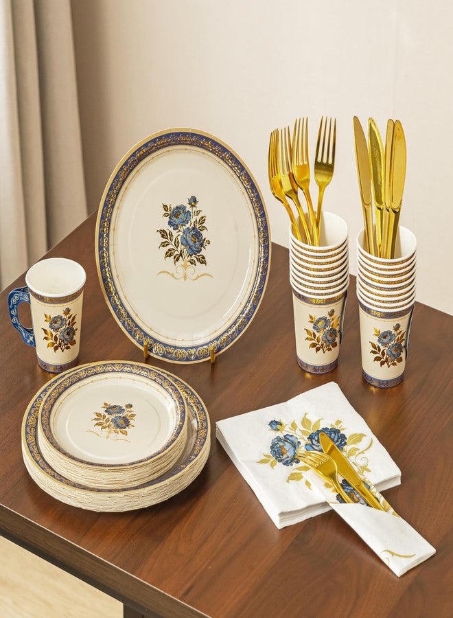Baffect 145 Pcs Tea Party Supplies, Include Paper Tea Cups With Handle, 9" Garden Tea Party Plates, 7" Floral Saucers, Napkins, Gold Knives, Forks & 1 Disposable Tablecloth (Set Of 24, Blue & Gold) - Image 1