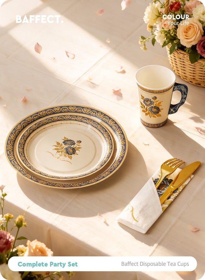 Baffect 145 Pcs Tea Party Supplies, Include Paper Tea Cups With Handle, 9" Garden Tea Party Plates, 7" Floral Saucers, Napkins, Gold Knives, Forks & 1 Disposable Tablecloth (Set Of 24, Blue & Gold) - Image 3