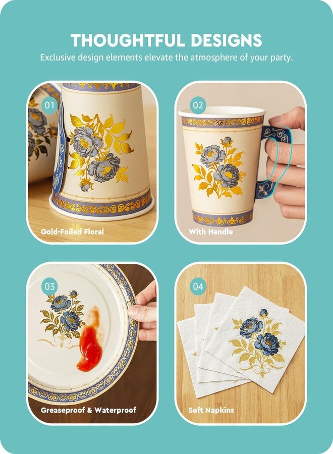 Baffect 145 Pcs Tea Party Supplies, Include Paper Tea Cups With Handle, 9" Garden Tea Party Plates, 7" Floral Saucers, Napkins, Gold Knives, Forks & 1 Disposable Tablecloth (Set Of 24, Blue & Gold) - Image 4