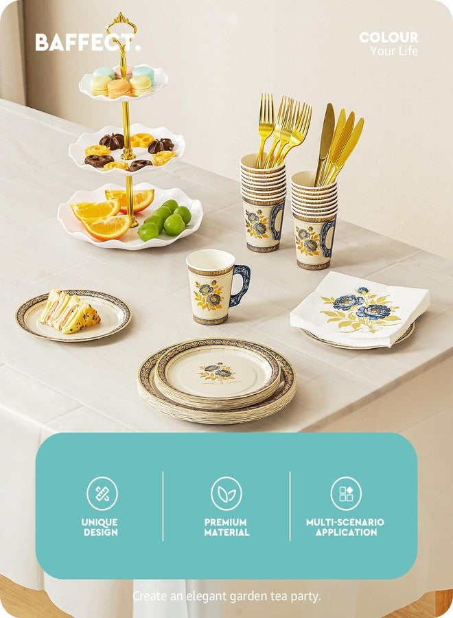 Baffect 145 Pcs Tea Party Supplies, Include Paper Tea Cups With Handle, 9" Garden Tea Party Plates, 7" Floral Saucers, Napkins, Gold Knives, Forks & 1 Disposable Tablecloth (Set Of 24, Blue & Gold) - Image 2