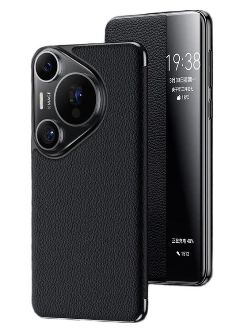 KOOLIFE حافظة هاتف Koolife متوافقة مع Huawei Pura70Pro، غطاء واقي Huawei P70Pro/+، حافظة جلدية أصلية بتصميم قابل للطي مع نافذة ذكية، سهلة التركيب، حماية كاملة، مضادة للصدمات، سوداء بسيطة - Image 1