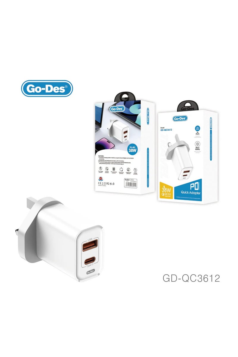 GO-DES 38W PD + QC 3.0 Dual-Port Fast Travel Charger USB-C USB-A Wall Adapter with Smart Protection - Image 1